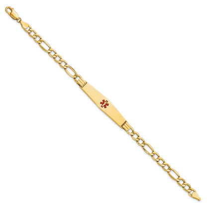 14K Yellow Gold Medical Semi Solid Chain/Solid Plate Soft Diamond Shape 37X9mm Centered Red Enamel Figaro Link 7 Inch Id Bracelet