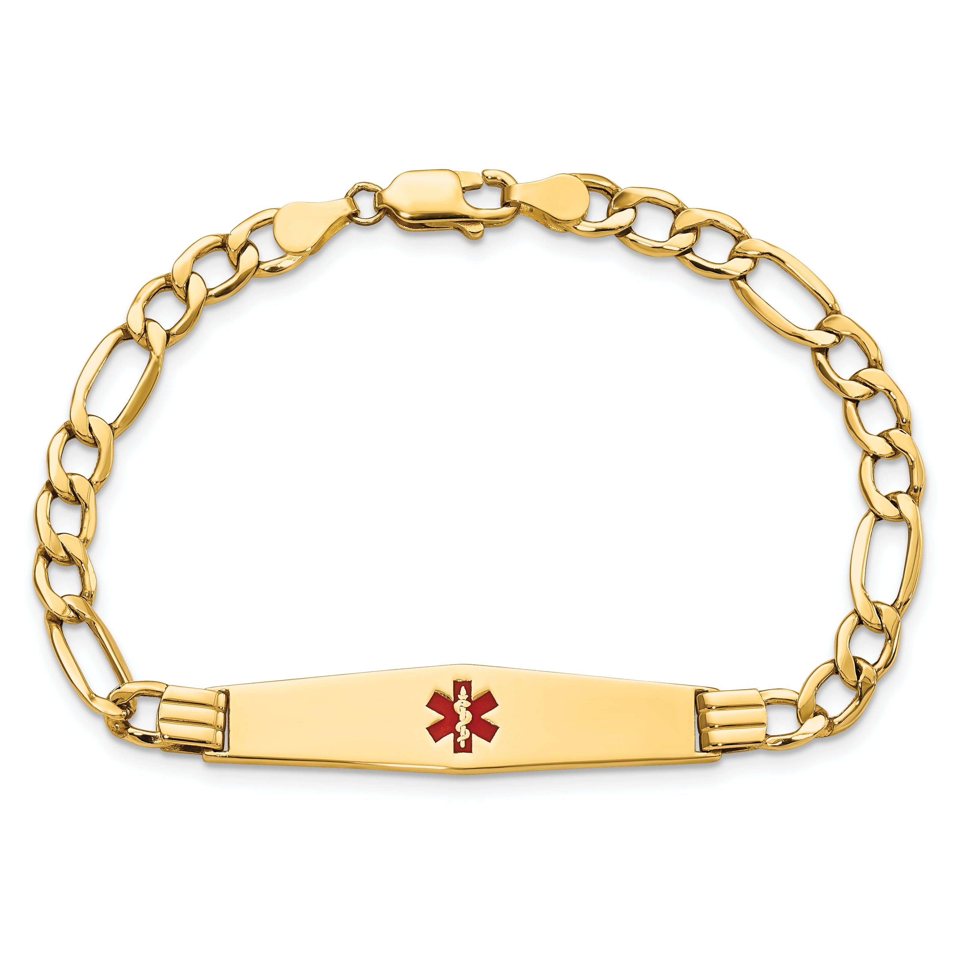 14K Yellow Gold Medical Semi Solid Chain/Solid Plate Soft Diamond Shape 37X9mm Centered Red Enamel Figaro Link 8 Inch Id Bracelet