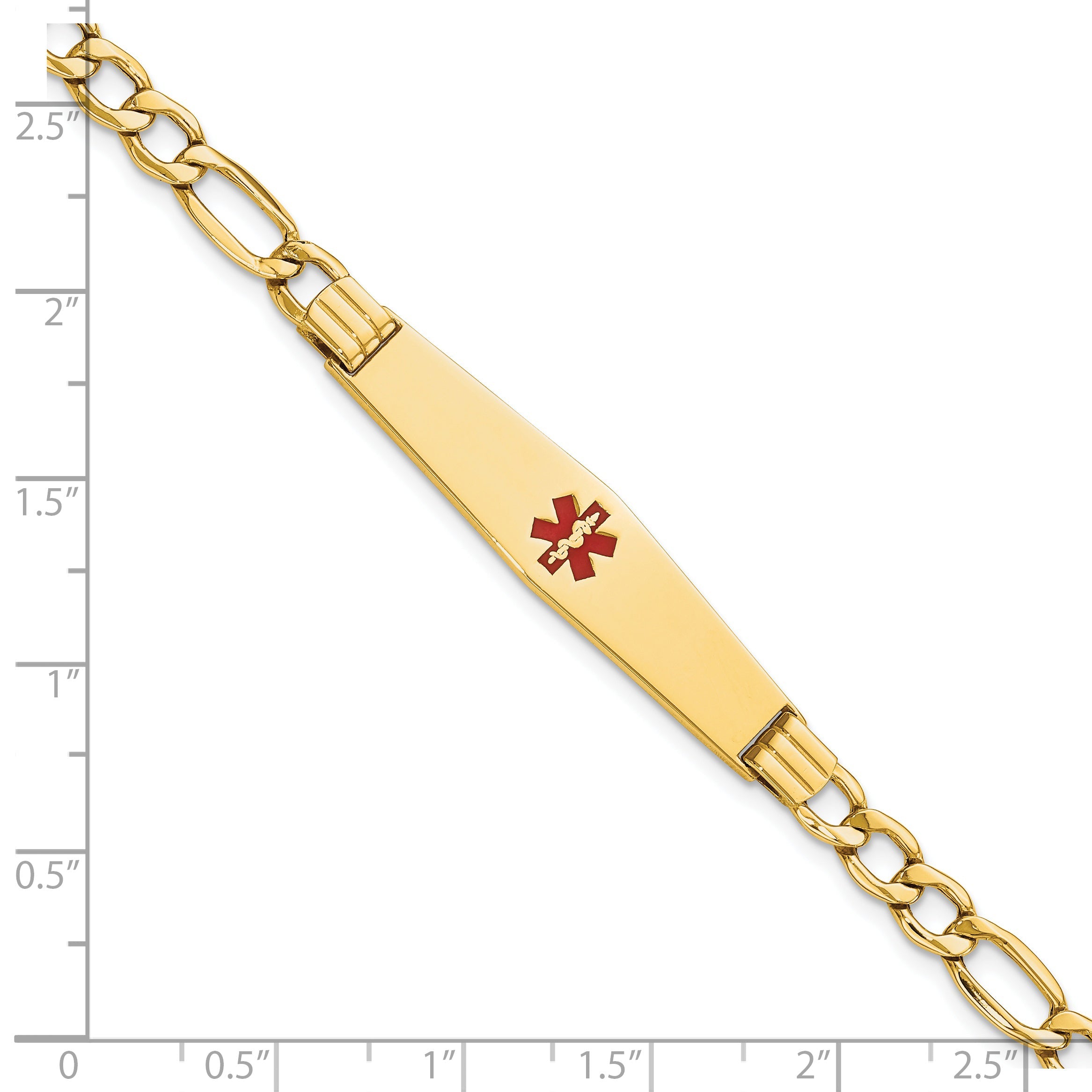 14K Yellow Gold Medical Semi Solid Chain/Solid Plate Soft Diamond Shape 37X9mm Centered Red Enamel Figaro Link 7 Inch Id Bracelet