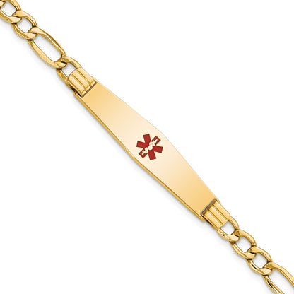 14K Yellow Gold Medical Semi Solid Chain/Solid Plate Soft Diamond Shape 37X9mm Centered Red Enamel Figaro Link 7 Inch Id Bracelet