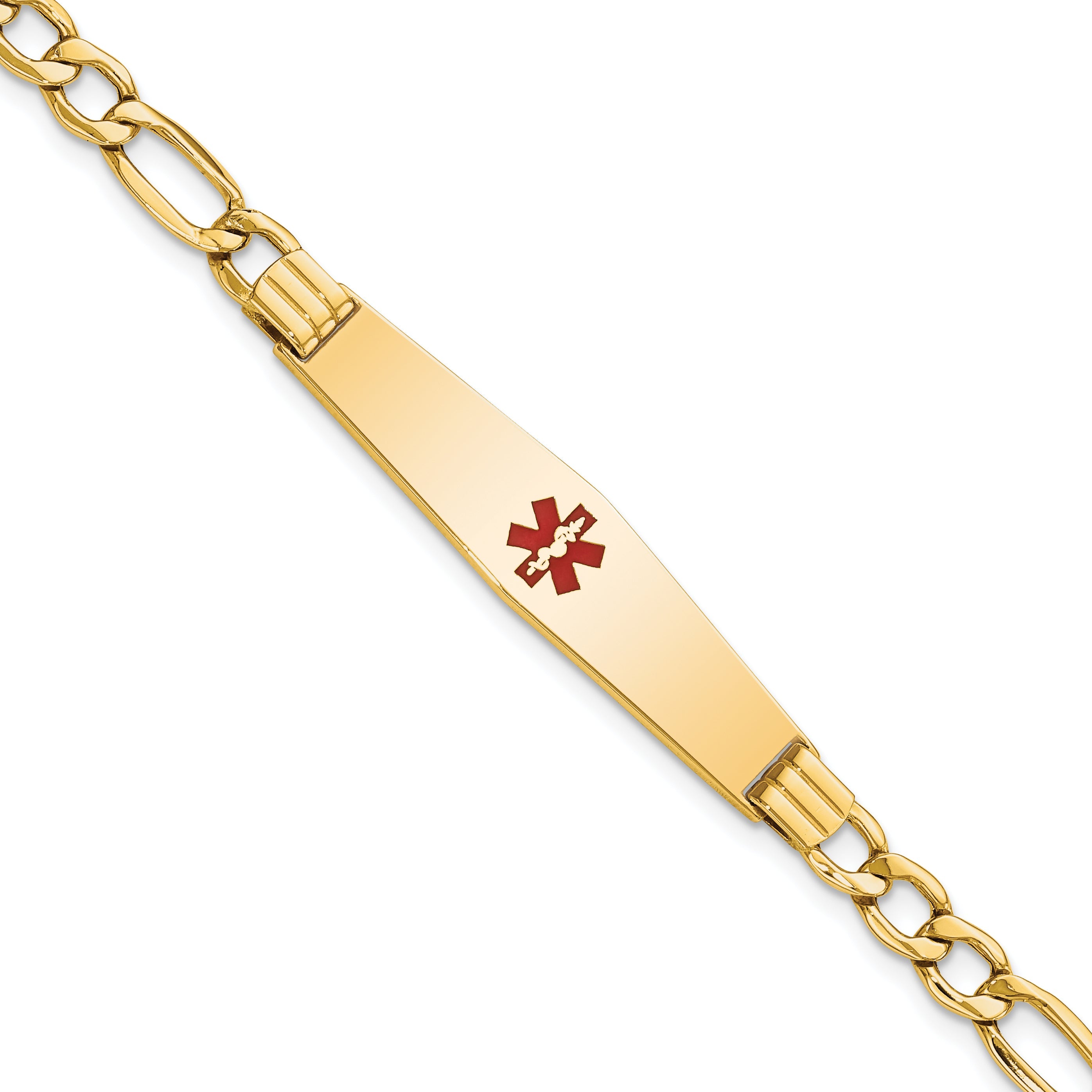 14K Yellow Gold Medical Semi Solid Chain/Solid Plate Soft Diamond Shape 37X9mm Centered Red Enamel Figaro Link 8 Inch Id Bracelet