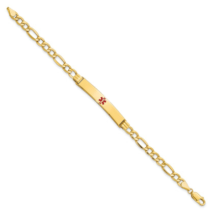 14K Yellow Gold Medical Semi Solid Chain/Solid Plate 37X6mm Centered Red Enamel Figaro Link 7 Inch Id Bracelet