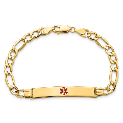 14K Yellow Gold Medical Semi Solid Chain/Solid Plate 37X6mm Centered Red Enamel Figaro Link 8 Inch Id Bracelet