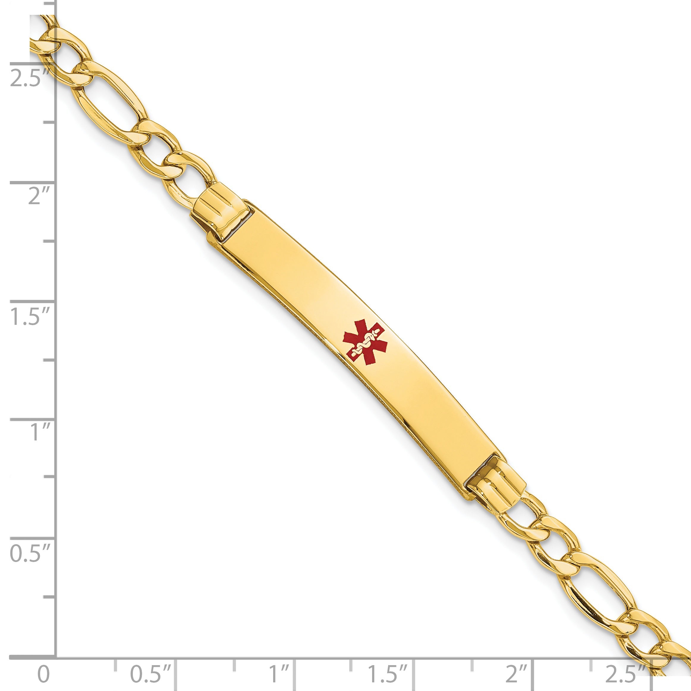 14K Yellow Gold Medical Semi Solid Chain/Solid Plate 37X6mm Centered Red Enamel Figaro Link 8 Inch Id Bracelet