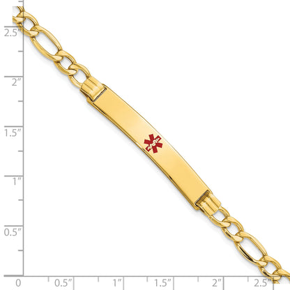14K Yellow Gold Medical Semi Solid Chain/Solid Plate 37X6mm Centered Red Enamel Figaro Link 8 Inch Id Bracelet
