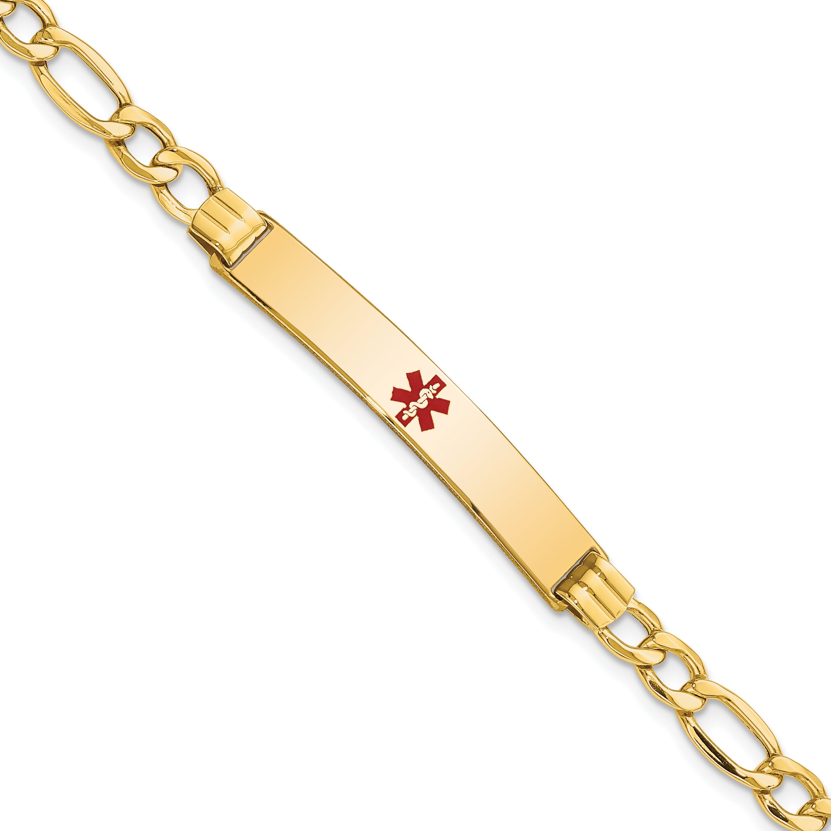 14K Yellow Gold Medical Semi Solid Chain/Solid Plate 37X6mm Centered Red Enamel Figaro Link 8 Inch Id Bracelet