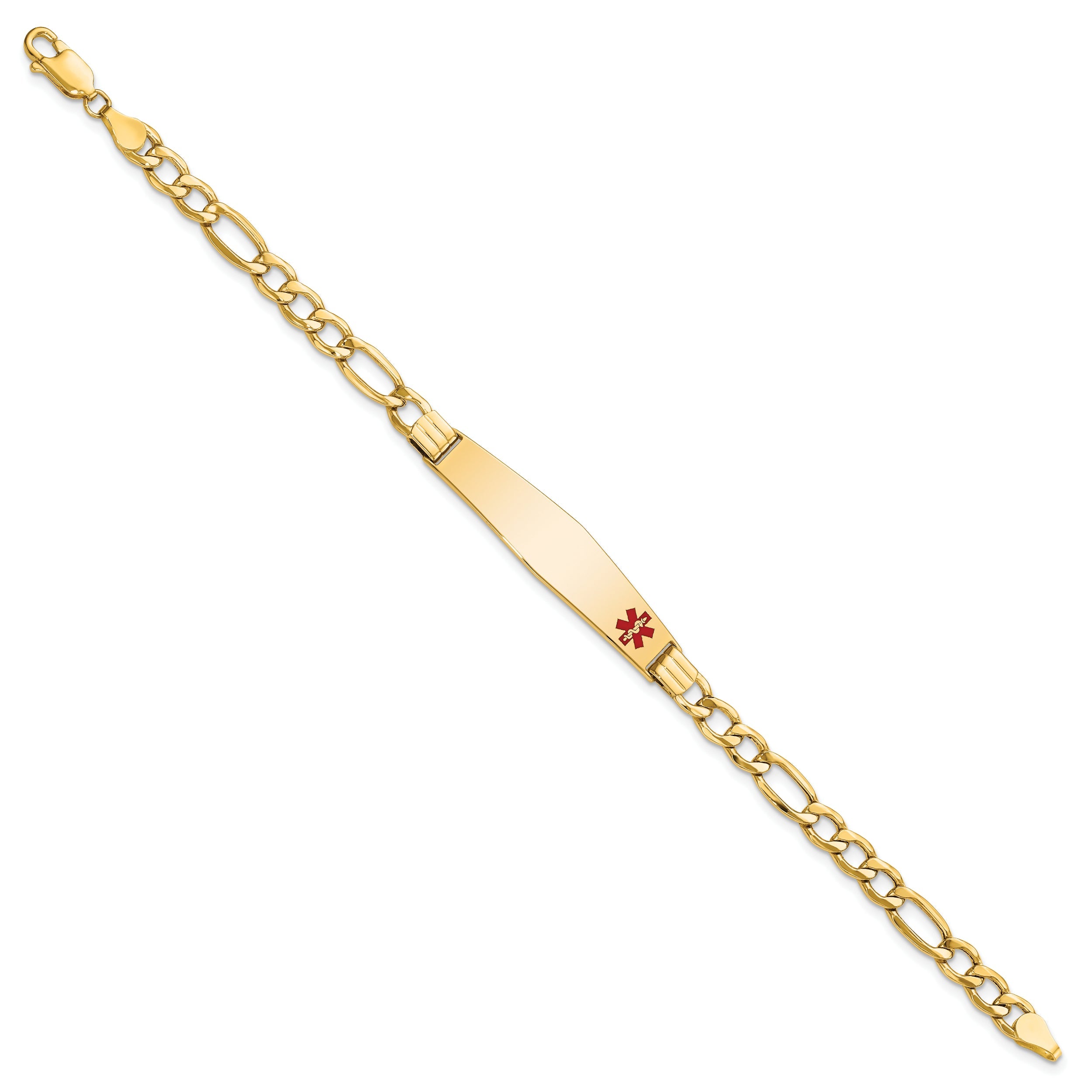 14K Yellow Gold Medical Semi Solid Chain/Solid Plate Soft Diamond Shape 37X9mm Off Center Red Enamel Figaro Link 7 Inch Id Bracelet
