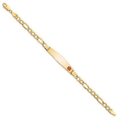 14K Yellow Gold Medical Semi Solid Chain/Solid Plate Soft Diamond Shape 37X9mm Off Center Red Enamel Figaro Link 7 Inch Id Bracelet