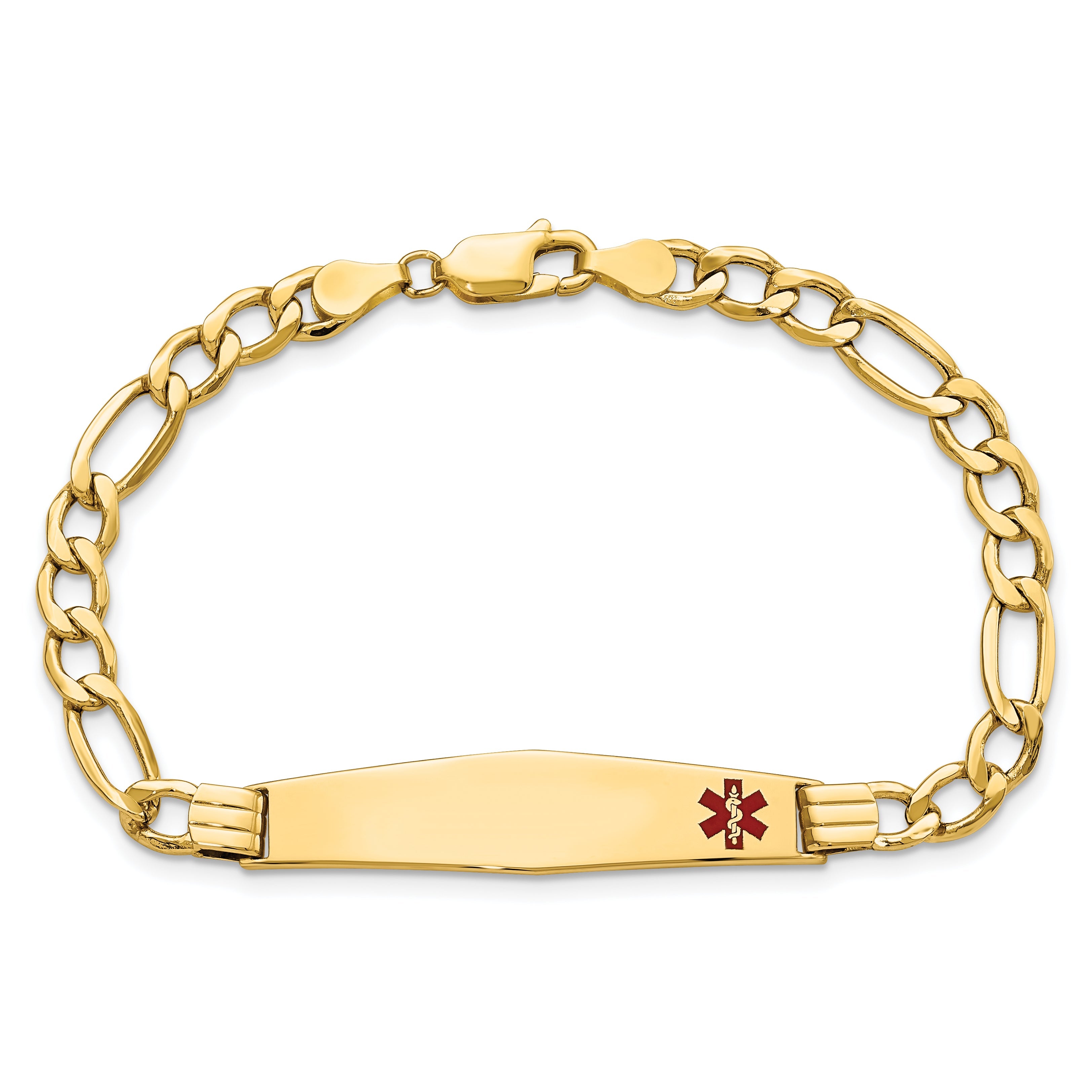 14K Yellow Gold Medical Semi Solid Chain/Solid Plate Soft Diamond Shape 37X9mm Off Center Red Enamel Figaro Link 7 Inch Id Bracelet