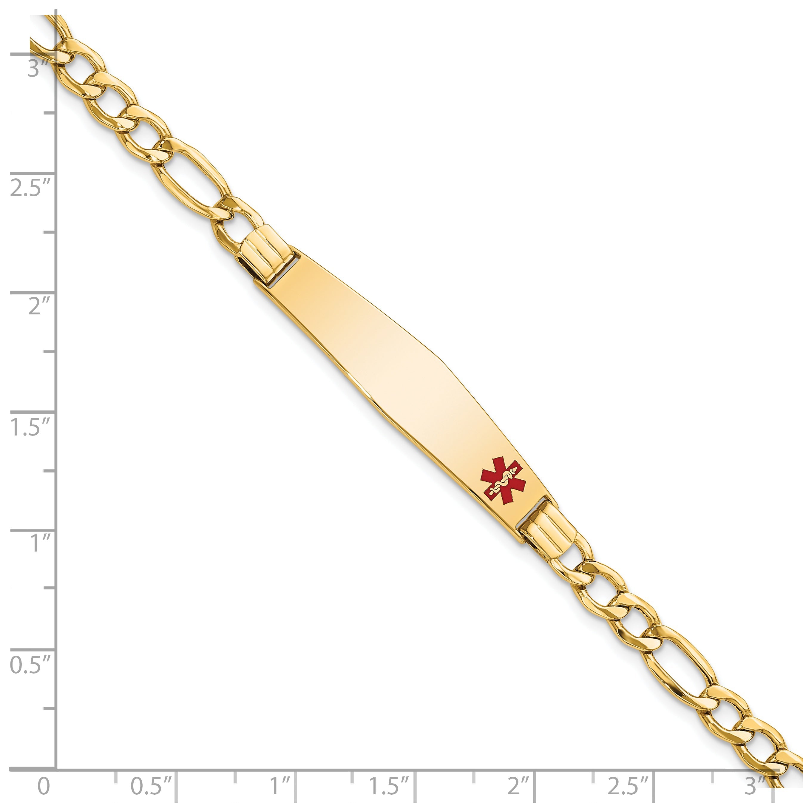 14K Yellow Gold Medical Semi Solid Chain/Solid Plate Soft Diamond Shape 37X9mm Off Center Red Enamel Figaro Link 7 Inch Id Bracelet