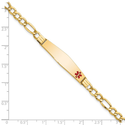 14K Yellow Gold Medical Semi Solid Chain/Solid Plate Soft Diamond Shape 37X9mm Off Center Red Enamel Figaro Link 7 Inch Id Bracelet