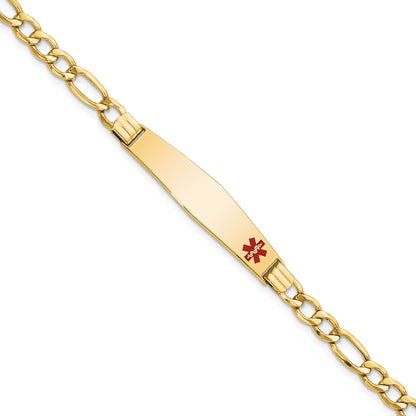 14K Yellow Gold Medical Semi Solid Chain/Solid Plate Soft Diamond Shape 37X9mm Off Center Red Enamel Figaro Link 7 Inch Id Bracelet
