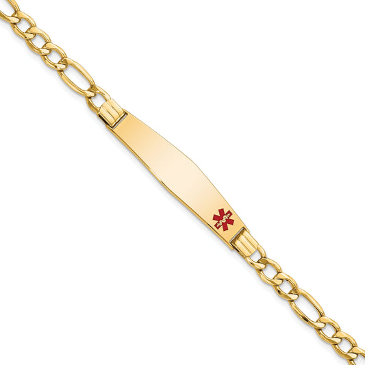 14K Yellow Gold Medical Semi Solid Chain/Solid Plate Soft Diamond Shape 37X9mm Off Center Red Enamel Figaro Link 7 Inch Id Bracelet