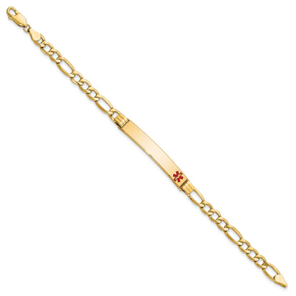 14K Yellow Gold Medical Semi Solid Chain/Solid Plate 37X6mm Off Center Red Enamel Figaro Link 8 Inch Id Bracelet