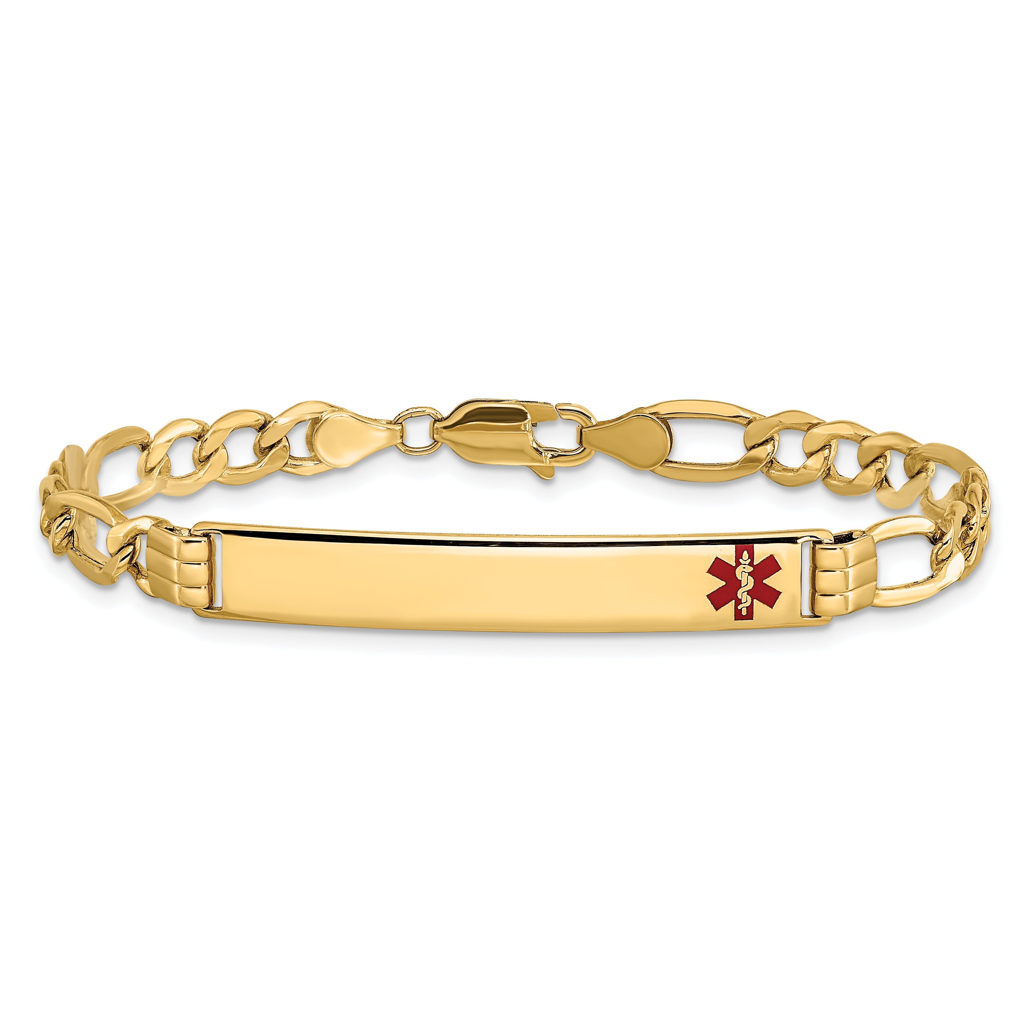 14K Yellow Gold Medical Semi Solid Chain/Solid Plate 37X6mm Off Center Red Enamel Figaro Link 8 Inch Id Bracelet