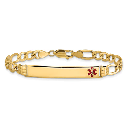 14K Yellow Gold Medical Semi Solid Chain/Solid Plate 37X6mm Off Center Red Enamel Figaro Link 8 Inch Id Bracelet
