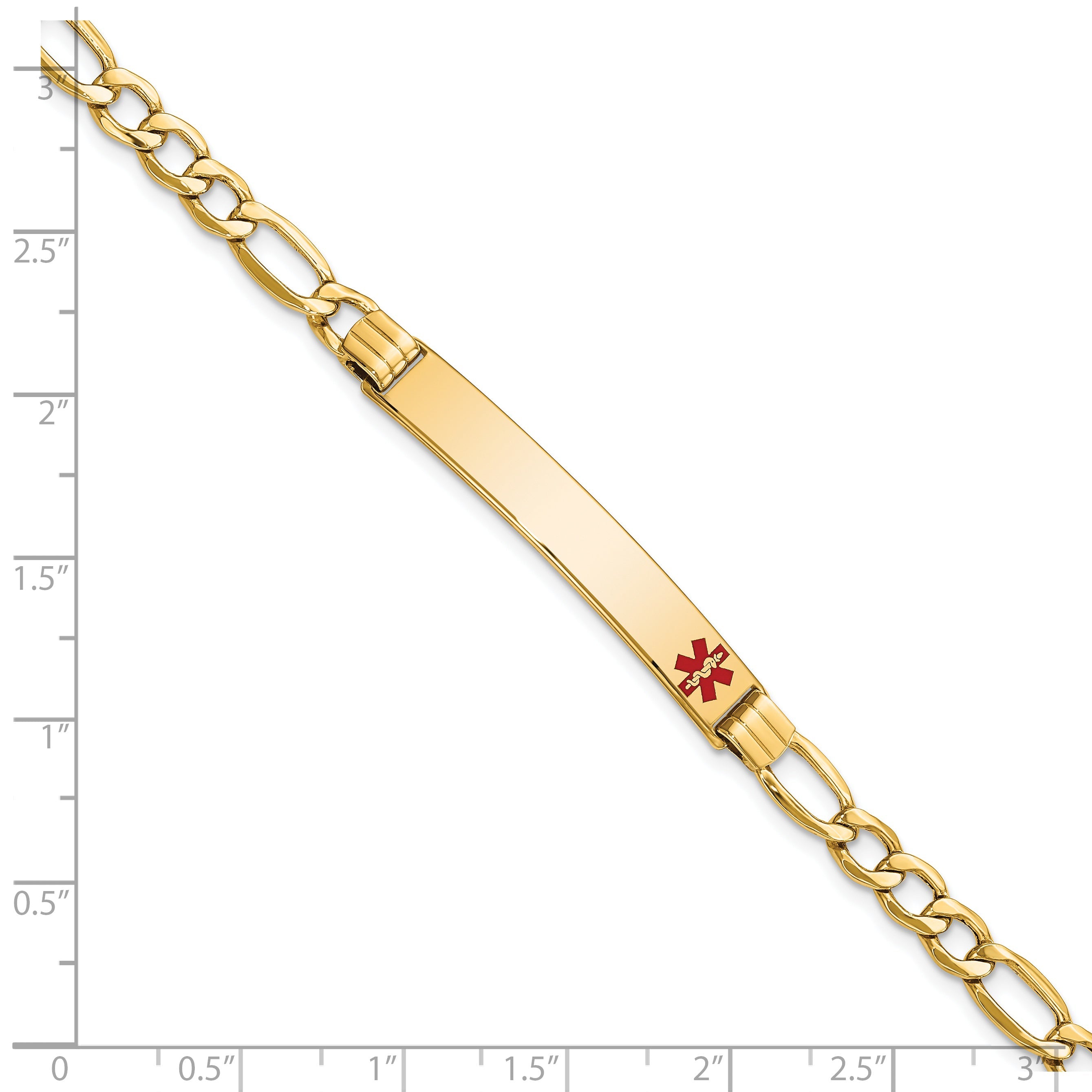 14K Yellow Gold Medical Semi Solid Chain/Solid Plate 37X6mm Off Center Red Enamel Figaro Link 8 Inch Id Bracelet