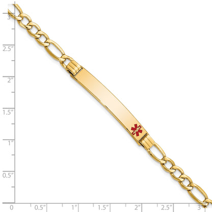 14K Yellow Gold Medical Semi Solid Chain/Solid Plate 37X6mm Off Center Red Enamel Figaro Link 8 Inch Id Bracelet