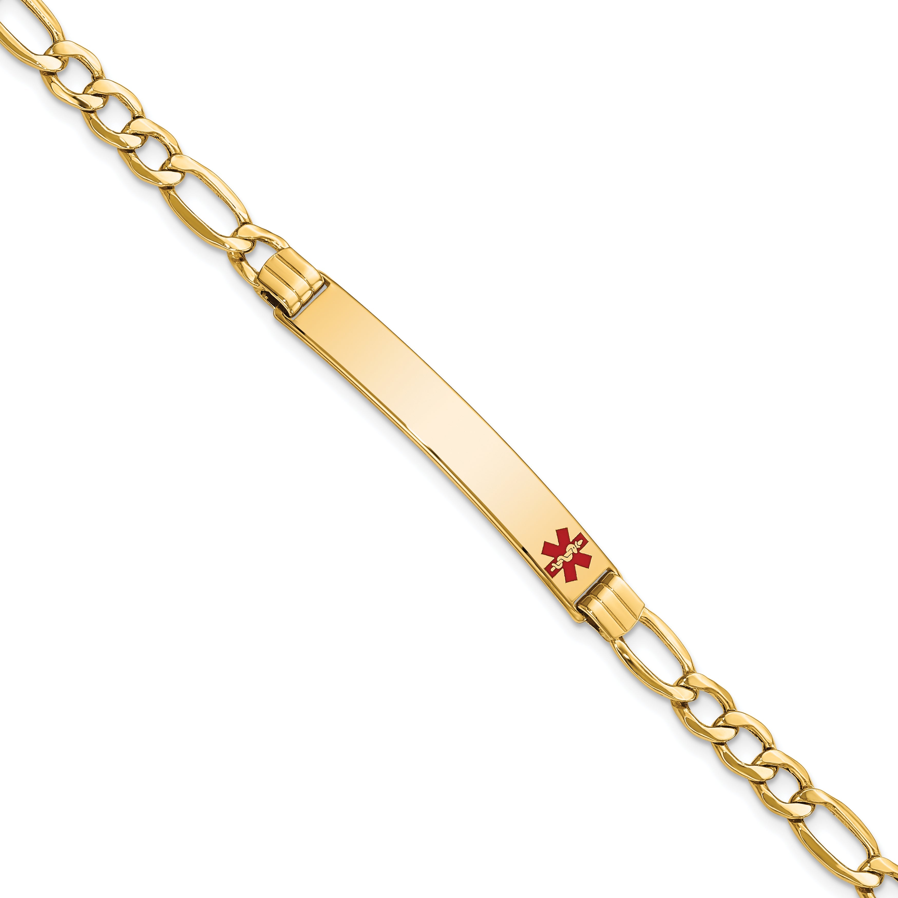 14K Yellow Gold Medical Semi Solid Chain/Solid Plate 37X6mm Off Center Red Enamel Figaro Link 8 Inch Id Bracelet
