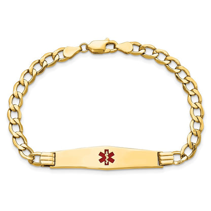 14K Yellow Gold Medical Semi Solid Chain/Solid Plate Soft Diamond Shape 37X9mm Centered Red Enamel Curb Link 8 Inch Id Bracelet