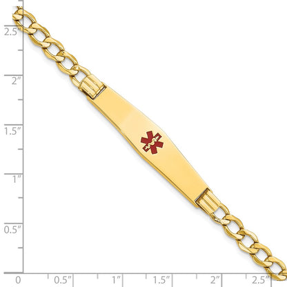 14K Yellow Gold Medical Semi Solid Chain/Solid Plate Soft Diamond Shape 37X9mm Centered Red Enamel Curb Link 7 Inch Id Bracelet