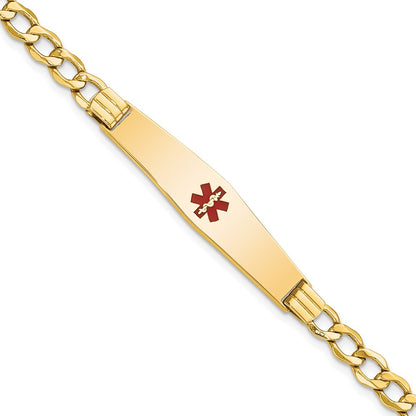 14K Yellow Gold Medical Semi Solid Chain/Solid Plate Soft Diamond Shape 37X9mm Centered Red Enamel Curb Link 8 Inch Id Bracelet