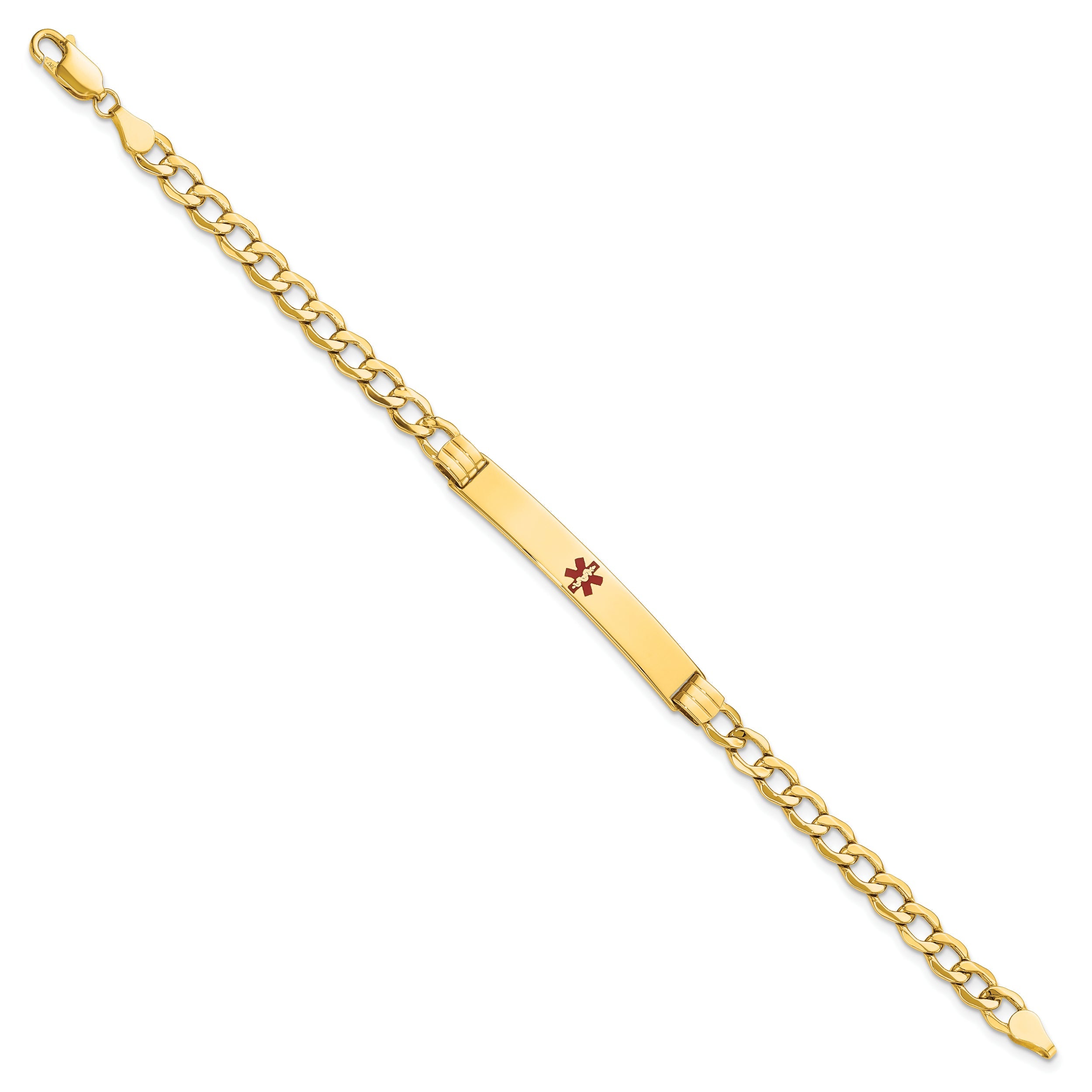 14K Yellow Gold Medical Semi Solid Chain/Solid Plate 37X6mm Centered Red Enamel Cuban Link 7 Inch Id Bracelet