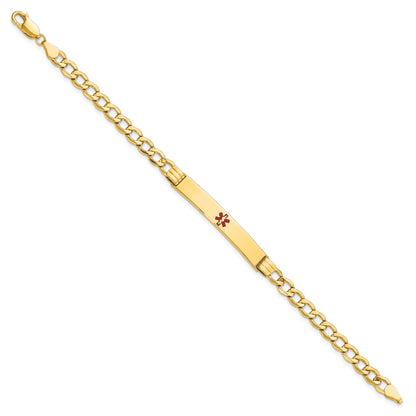 14K Yellow Gold Medical Semi Solid Chain/Solid Plate 37X6mm Centered Red Enamel Cuban Link 7 Inch Id Bracelet