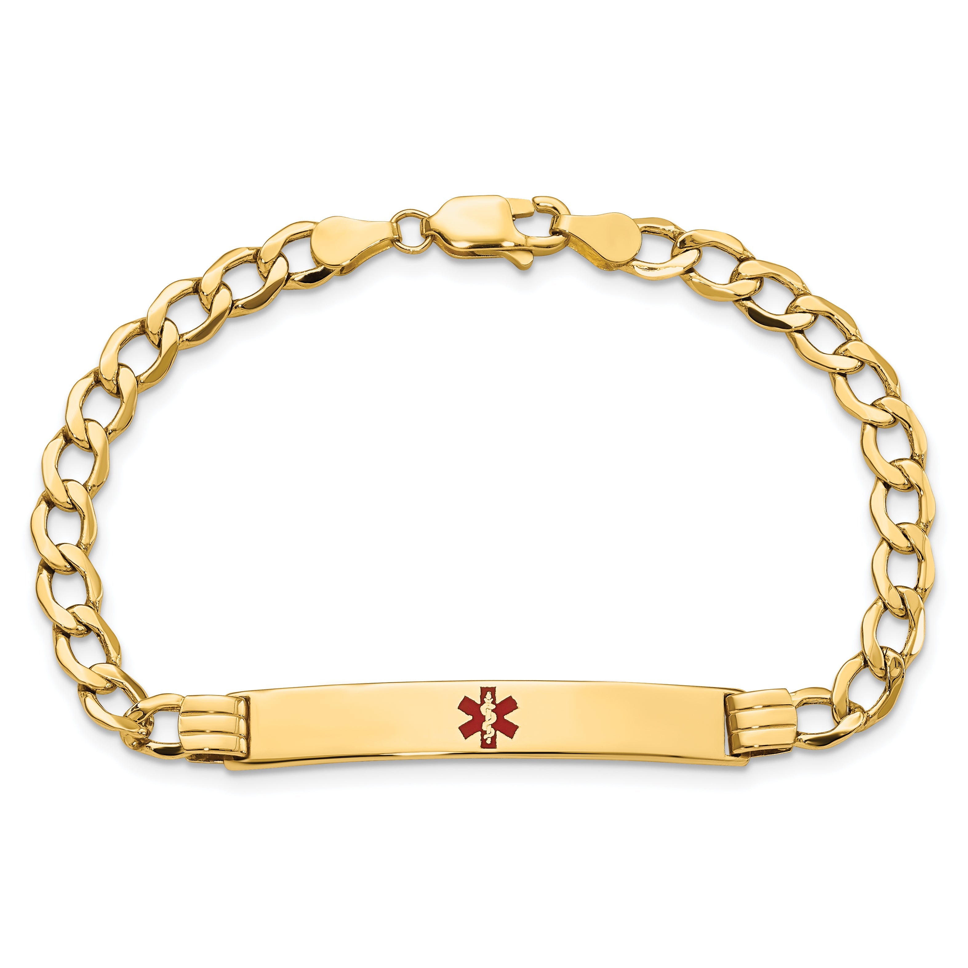 14K Yellow Gold Medical Semi Solid Chain/Solid Plate 37X6mm Centered Red Enamel Cuban Link 7 Inch Id Bracelet