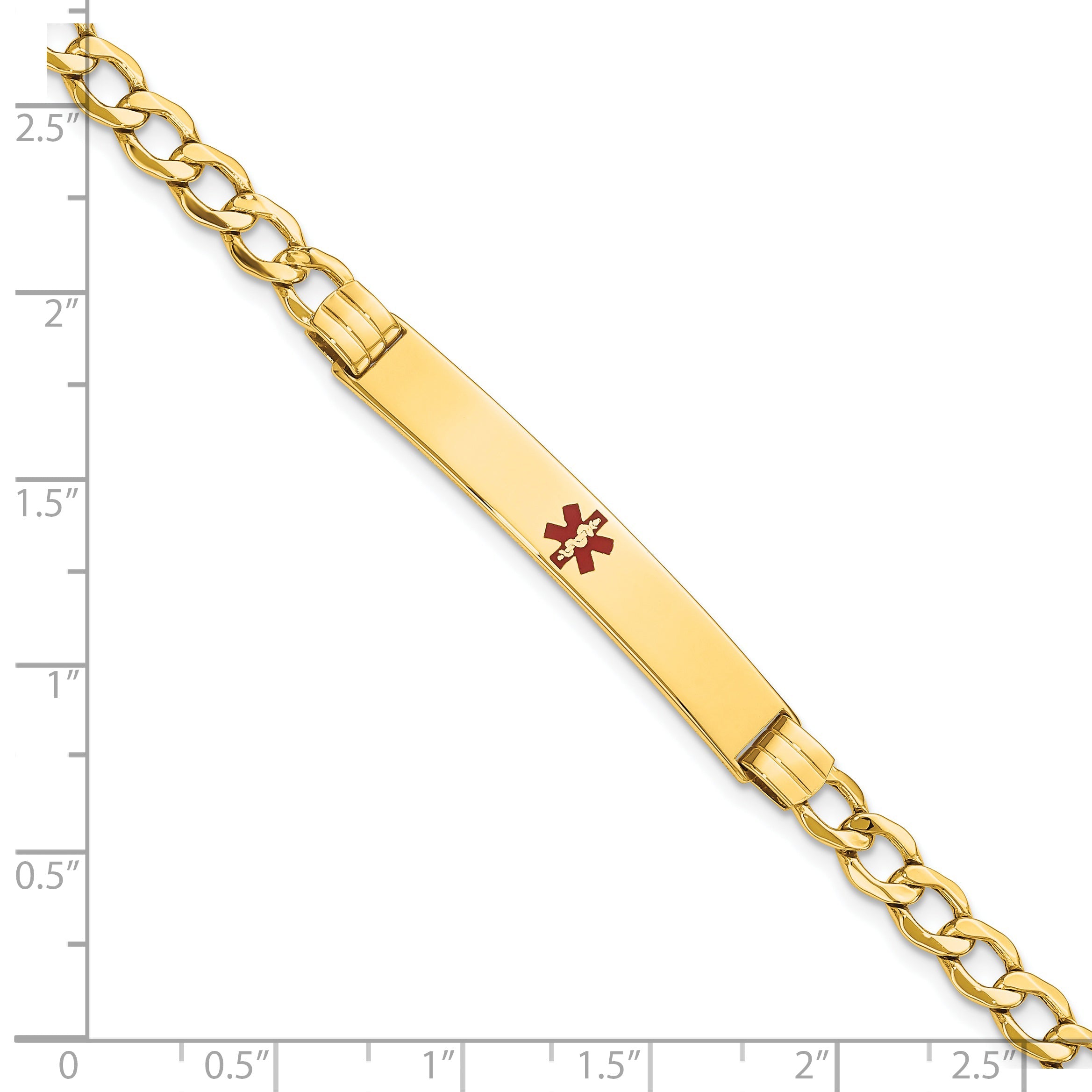 14K Yellow Gold Medical Semi Solid Chain/Solid Plate 37X6mm Centered Red Enamel Cuban Link 7 Inch Id Bracelet