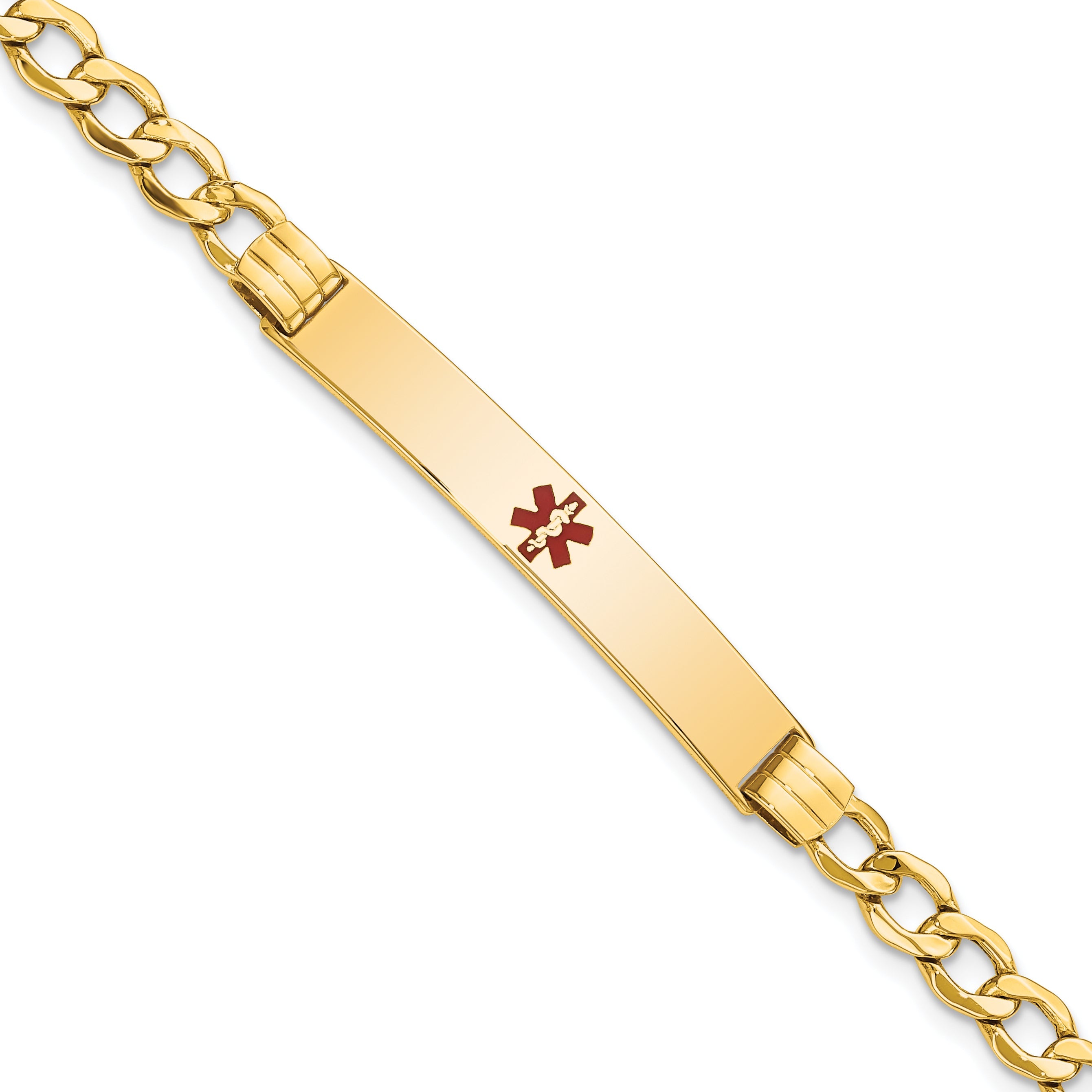 14K Yellow Gold Medical Semi Solid Chain/Solid Plate 37X6mm Centered Red Enamel Cuban Link 7 Inch Id Bracelet