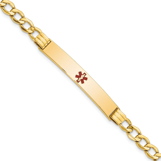 14K Yellow Gold Medical Semi Solid Chain/Solid Plate 37X6mm Centered Red Enamel Cuban Link 7 Inch Id Bracelet