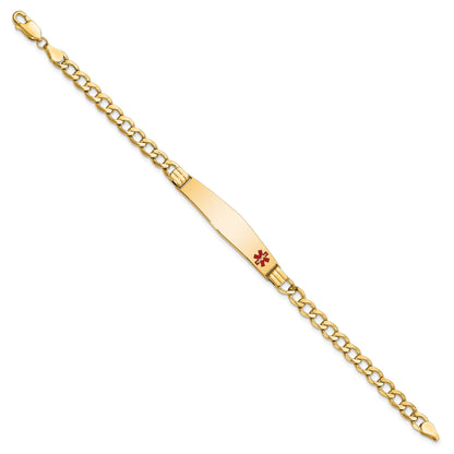 14K Yellow Gold Medical Semi Solid Chain/Solid Plate Soft Diamond Shape 37X9mm Off Center Red Enamel Cuban Link 7 Inch Id Bracelet