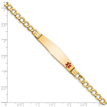 14K Yellow Gold Medical Semi Solid Chain/Solid Plate Soft Diamond Shape 37X9mm Off Center Red Enamel Cuban Link 7 Inch Id Bracelet