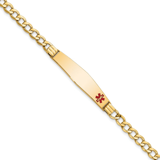 14K Yellow Gold Medical Semi Solid Chain/Solid Plate Soft Diamond Shape 37X9mm Off Center Red Enamel Cuban Link 7 Inch Id Bracelet