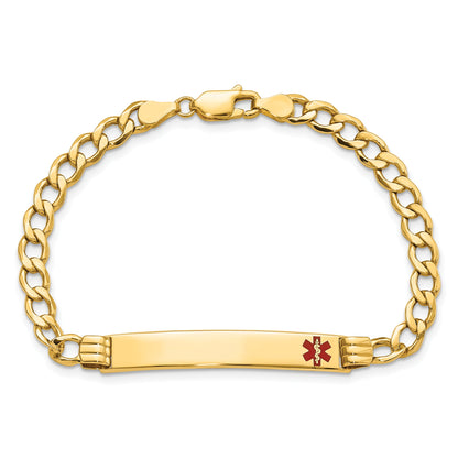 14K Yellow Gold Medical Semi Solid Chain/Solid Plate 37X6mm Off Center Red Enamel Cuban Link 8 Inch Id Bracelet