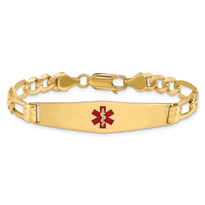 14K Yellow Gold Medical Solid Chain/Solid Plate Soft Diamond Shape 36X9mm Centered Red Enamel Figaro Link 7 Inch Id Bracelet