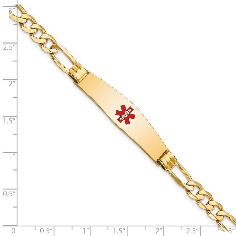 14K Yellow Gold Medical Solid Chain/Solid Plate Soft Diamond Shape 36X9mm Centered Red Enamel Figaro Link 8 Inch Id Bracelet