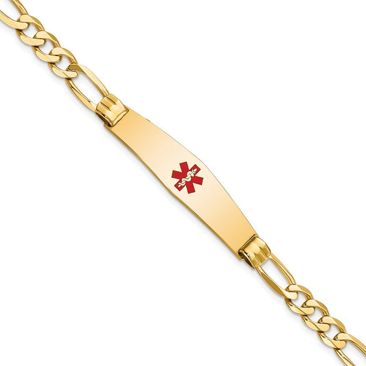 14K Yellow Gold Medical Solid Chain/Solid Plate Soft Diamond Shape 36X9mm Centered Red Enamel Figaro Link 8 Inch Id Bracelet