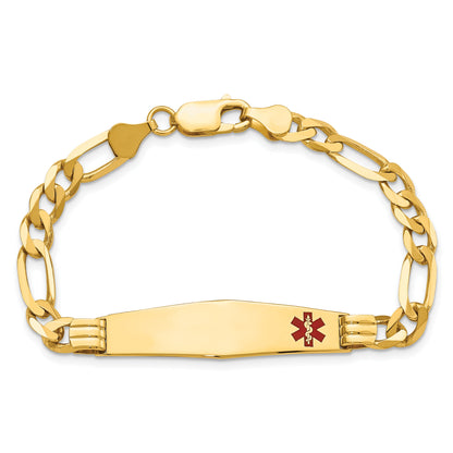 14K Yellow Gold Medical Solid Chain/Solid Plate Soft Diamond Shape 38X9mm Off Center Red Enamel Figaro Link 7 Inch Id Bracelet
