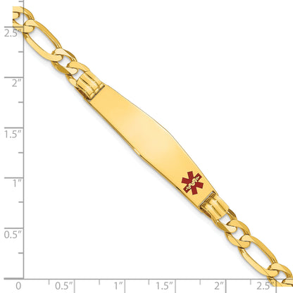 14K Yellow Gold Medical Solid Chain/Solid Plate Soft Diamond Shape 38X9mm Off Center Red Enamel Figaro Link 7 Inch Id Bracelet