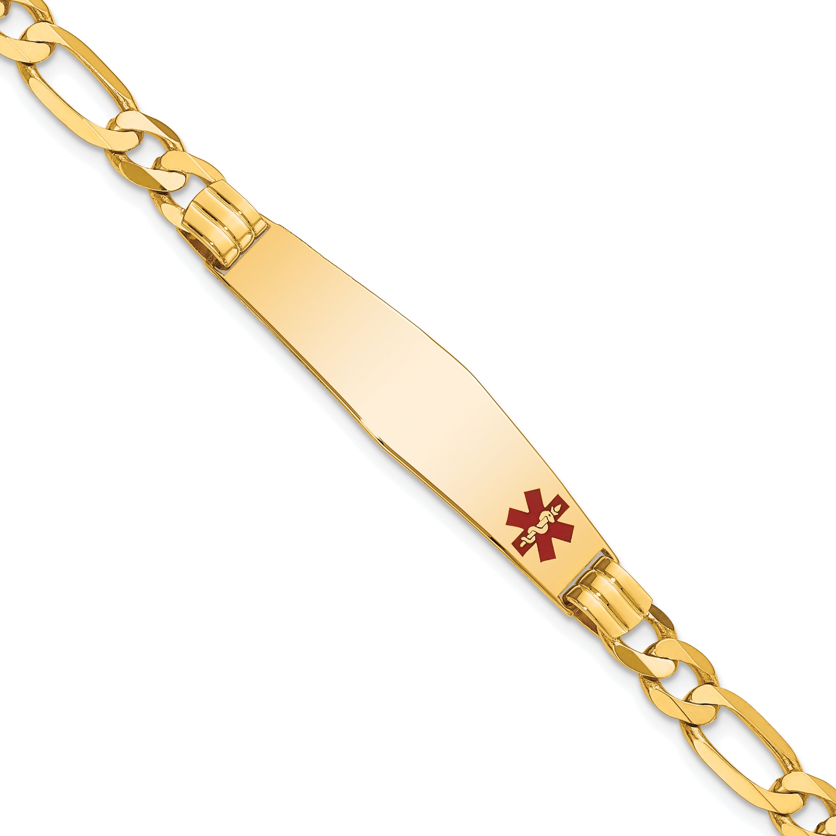 14K Yellow Gold Medical Solid Chain/Solid Plate Soft Diamond Shape 38X9mm Off Center Red Enamel Figaro Link 8 Inch Id Bracelet