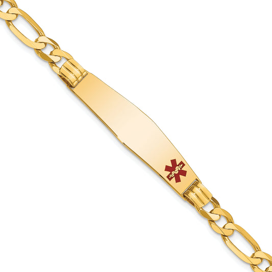 14K Yellow Gold Medical Solid Chain/Solid Plate Soft Diamond Shape 38X9mm Off Center Red Enamel Figaro Link 8 Inch Id Bracelet