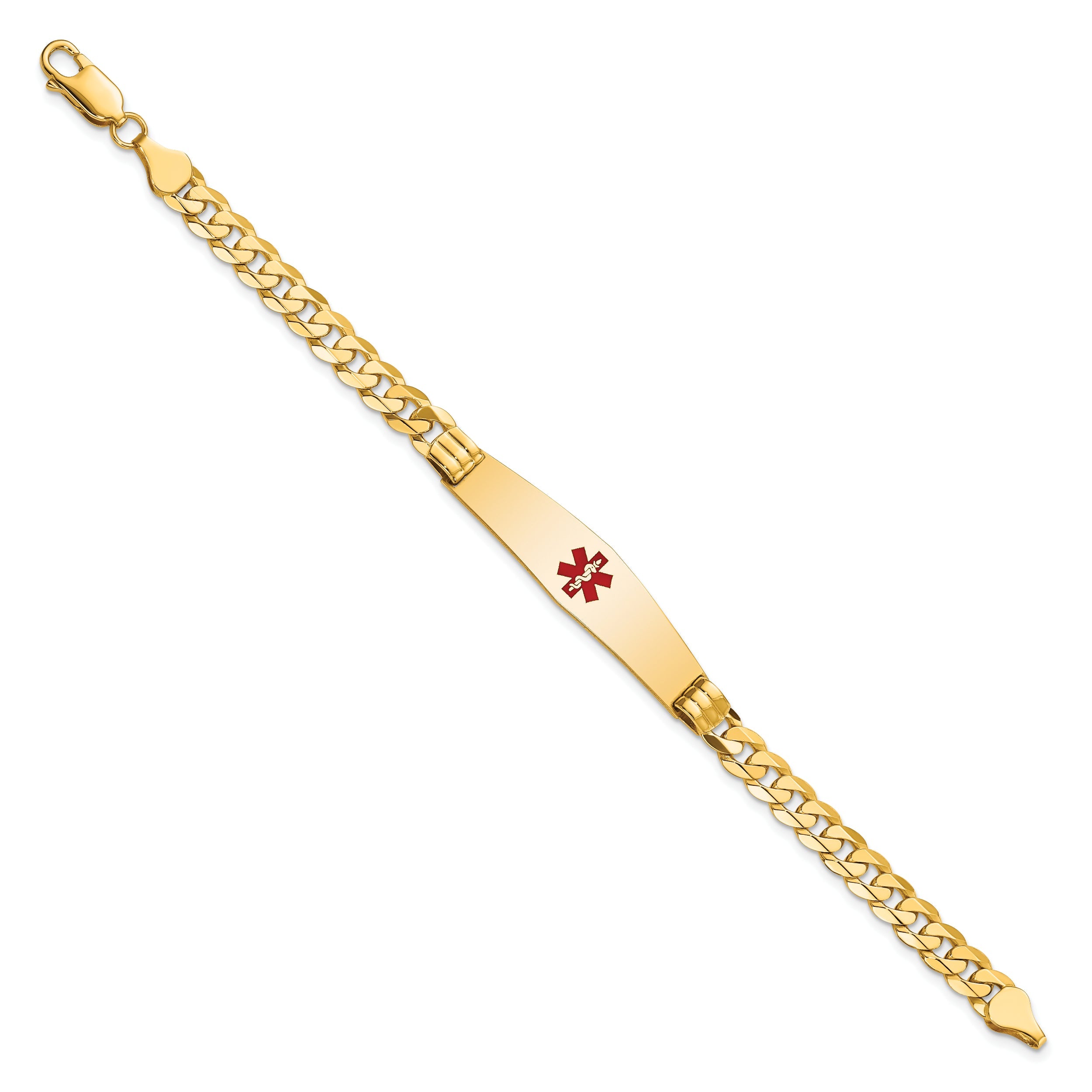 14K Yellow Gold Medical Solid Chain/Solid Plate Soft Diamond Shape 37X9mm Centered Red Enamel Curb Link 8 Inch Id Bracelet
