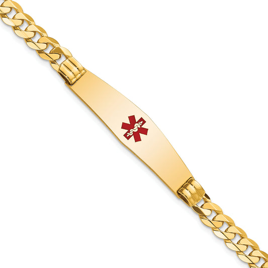 14K Yellow Gold Medical Solid Chain/Solid Plate Soft Diamond Shape 37X9mm Centered Red Enamel Curb Link 7 Inch Id Bracelet