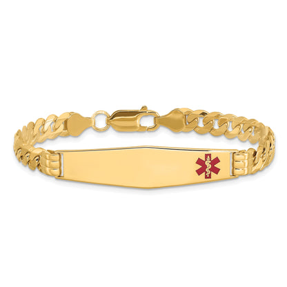 14K Yellow Gold Medical Solid Chain/Solid Plate Soft Diamond Shape 38X9mm Off Center Red Enamel Curb Link 8 Inch Id Bracelet