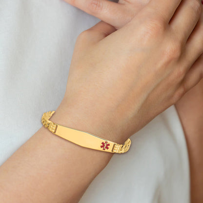 14K Yellow Gold Medical Solid Chain/Solid Plate Soft Diamond Shape 38X9mm Off Center Red Enamel Curb Link 7 Inch Id Bracelet