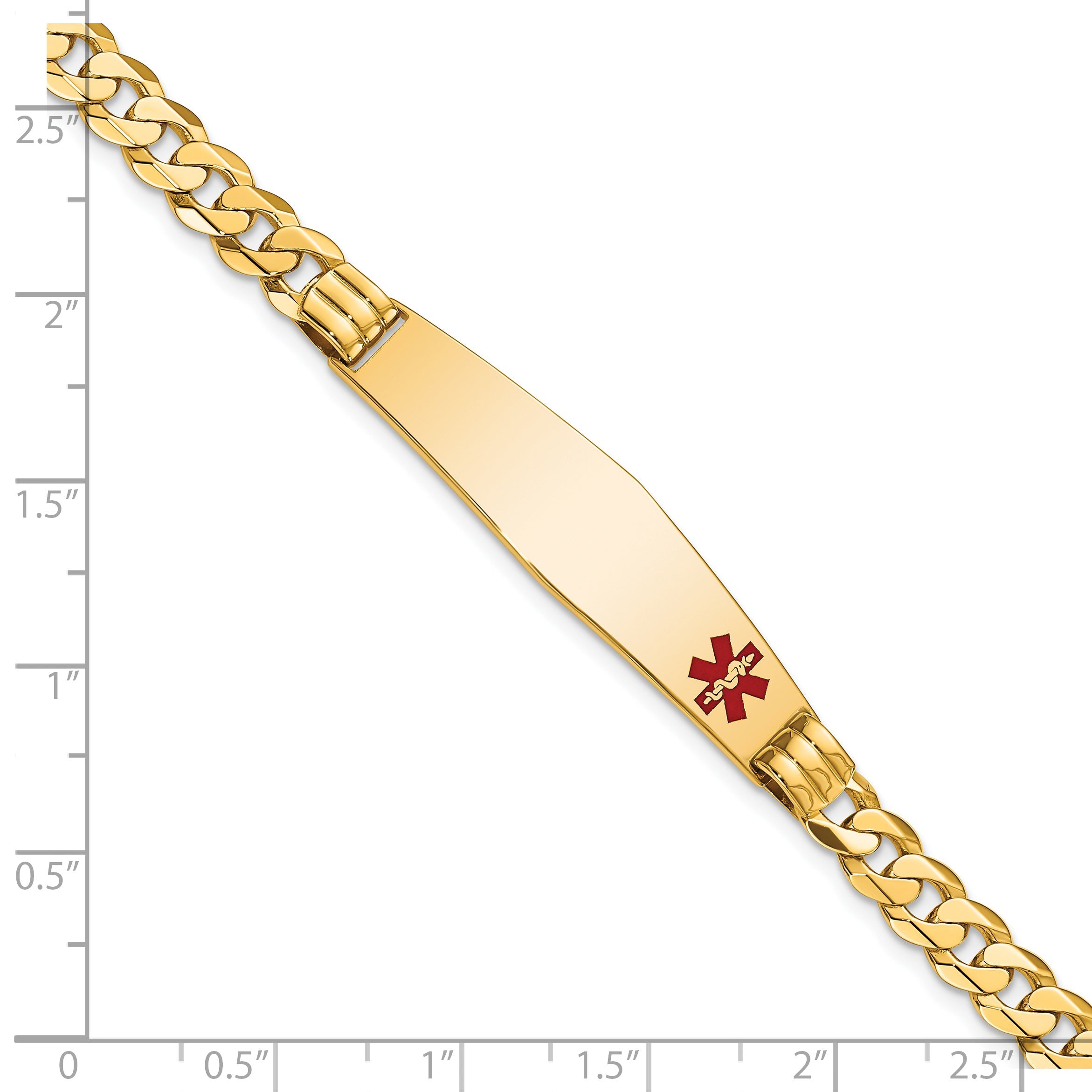 14K Yellow Gold Medical Solid Chain/Solid Plate Soft Diamond Shape 38X9mm Off Center Red Enamel Curb Link 8 Inch Id Bracelet
