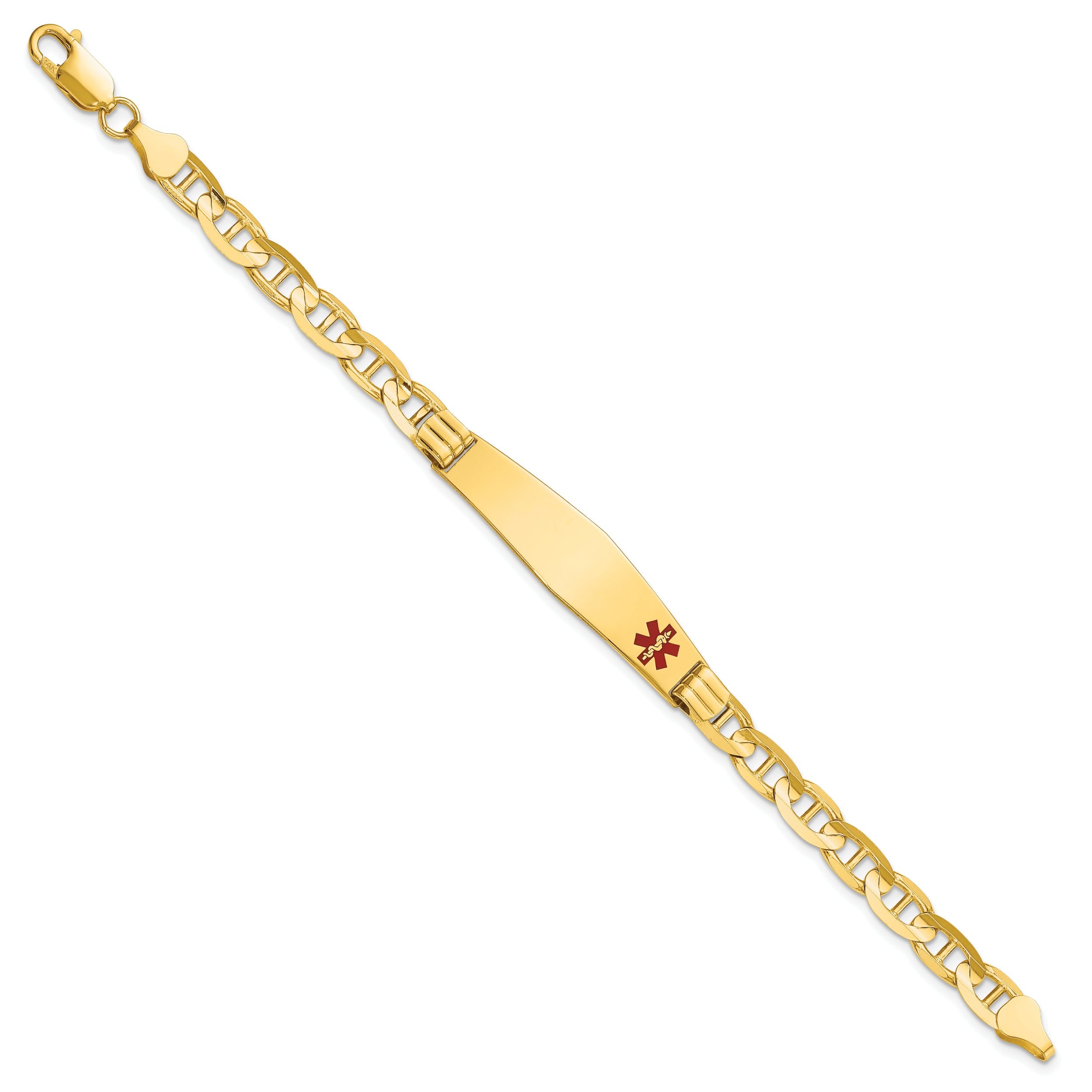 14K Yellow Gold Medical Solid Chain/Solid Plate Soft Diamond Shape 38X9mm Off Center Red Enamel Anchor Link 8 Inch Id Bracelet