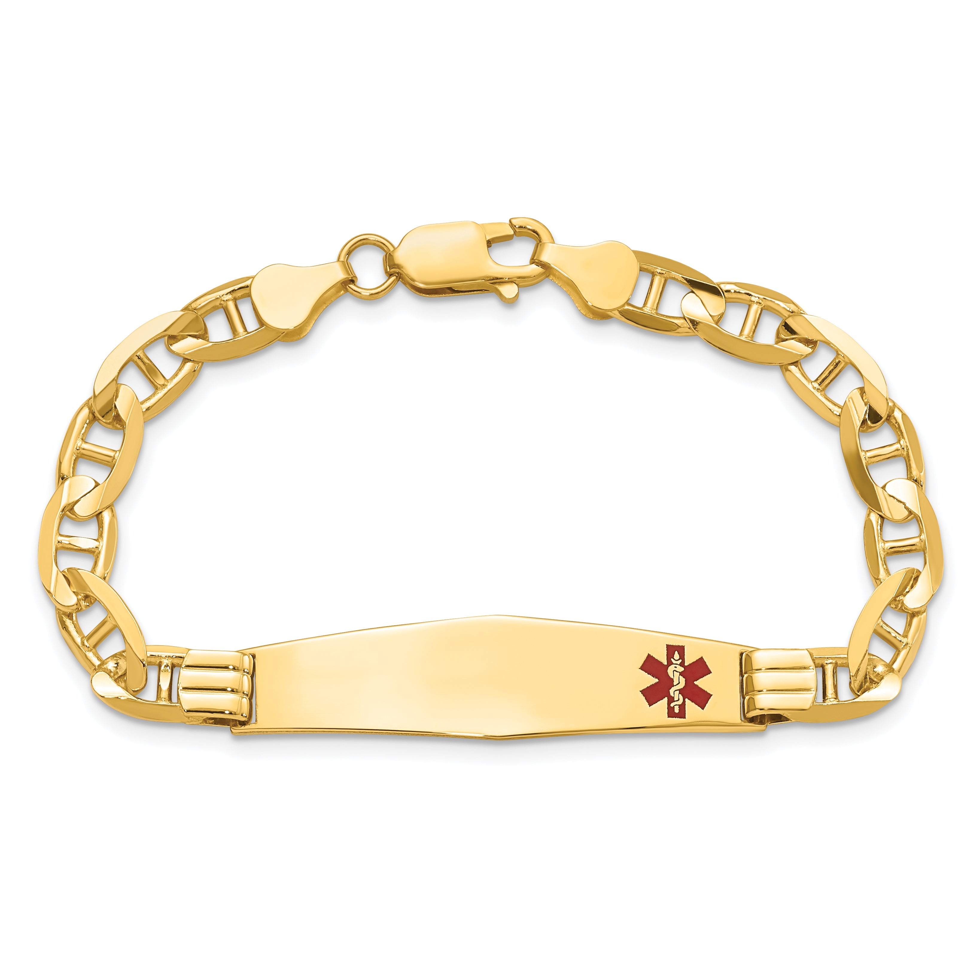 14K Yellow Gold Medical Solid Chain/Solid Plate Soft Diamond Shape 38X9mm Off Center Red Enamel Anchor Link 8 Inch Id Bracelet